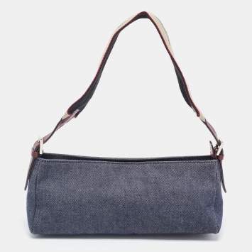 Pre Owned Burberry Blue Denim and Leather Baguette Bag