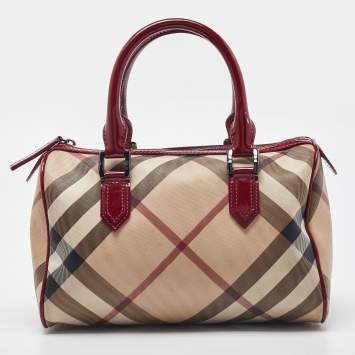 Pre Owned Burberry Red Nova Check PVC and Patent Leather Chester Boston Bag