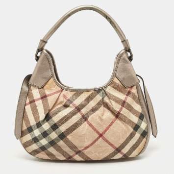 Pre Owned Burberry Silver/Beige Floral Embossed Supernova Check PVC and Leather Small Brooklyn Hobo