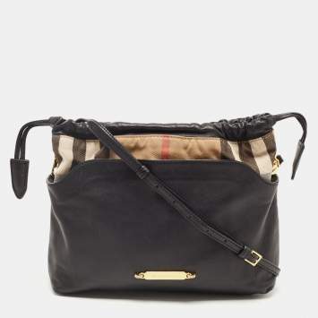 Pre Owned Burberry Black Leather and House Check Canvas Little Crush Crossbody Bag