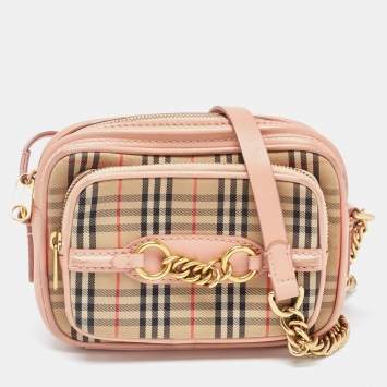 Pre Owned Burberry Beige/Pink 1983 Knight Check Canvas and Leather Link Camera Bag