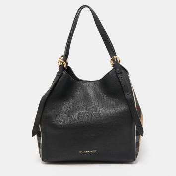 Pre Owned Burberry Black Leather and House Check Fabric Small Canterbury Tote
