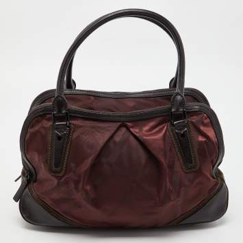 Pre Owned Burberry Burgundy/Brown Check Nylon and Leather Double Zip Satchel