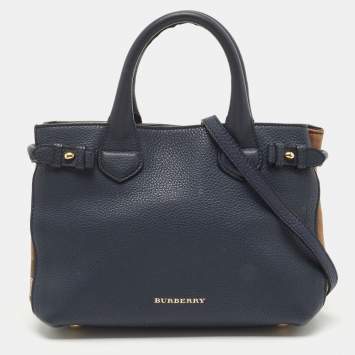 Pre Owned Burberry Navy Blue/Beige House Check Fabric and Leather Small Banner Tote