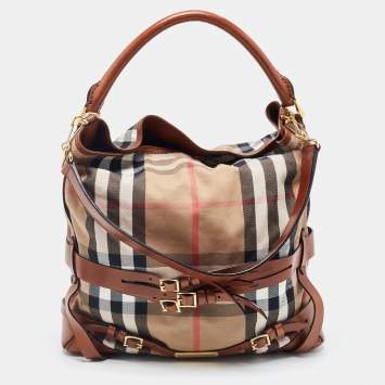 Pre Owned Burberry Brown/Beige House Check Canvas and Leather Medium Bridle Gosford Hobo