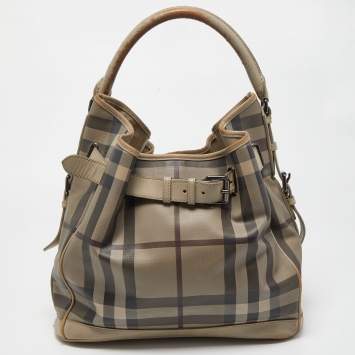 Pre Owned Burberry Beige Smoked Check PVC and Leather Walden Hobo