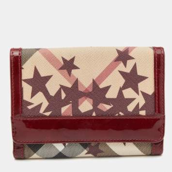 Pre Owned Burberry Burgundy Nova Check Stars PVC and Patent Leather Flap French Wallet