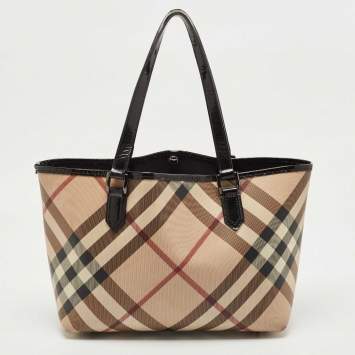 Pre Owned Burberry Beige/Black Supernova Check Coated Canvas and Patent Leather Nickie Tote