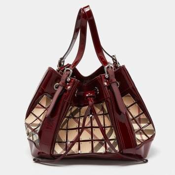 Pre Owned Burberry Red Nova Check Canvas and Patent Leather Large Warrior Armor Hobo