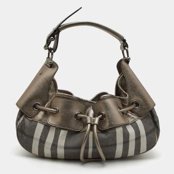 Pre Owned Burberry Metallic  Housecheck Fabric and Leather Warrior Hobo