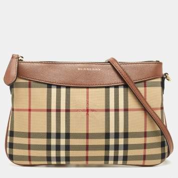 Pre Owned Burberry Brown/Beige Haymarket Check Canvas and Leather Peyton Crossbody Bag