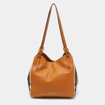 Pre Owned Burberry Tan/Beige House Check Fabric and Leather Small Canterbury Tote