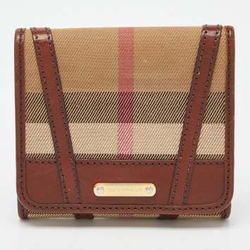 Pre Owned Burberry Brown Bridle House Check Fabric and Leather Leighton Trifold Compact Wallet