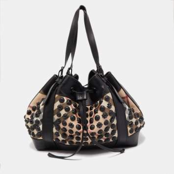 Pre Owned Burberry Black/Beige Supernova Vinyl and Leather Large Warrior Hobo