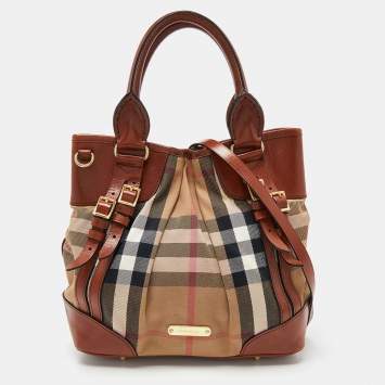 Pre Owned Burberry Brown House Check Canvas and Leather Bridle Whipstitch Tote