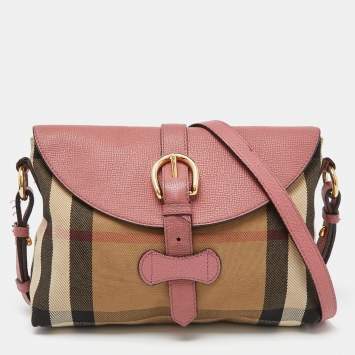 Pre Owned Burberry Pink/Beige Leather and House Check Canvas Milton Crossbody Bag