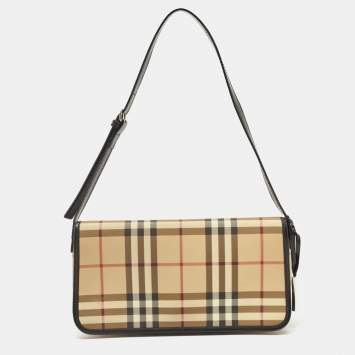 Pre Owned Burberry Black/Beige House Check PVC Flap Shoulder Bag