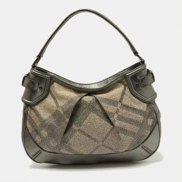 Pre Owned Burberry Metallic Grey Beat Check Canvas and Leather Hobo