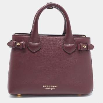 Pre Owned Burberry Burgundy/Beige Leather and House Check Fabric Small Banner Tote