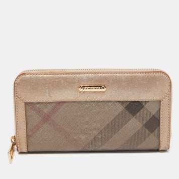 Pre Owned Burberry Metallic Beige Nova Check Coated Canvas Zip Around Wallet