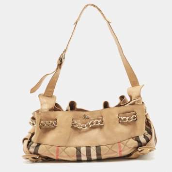 Pre Owned Burberry Beige House Check Fabric and Leather Shoulder Bag