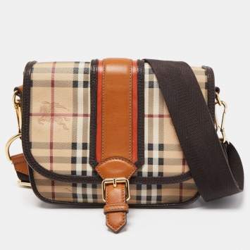 Pre Owned Burberry Beige/Brown Haymarket Check Coated Canvas and Leather Buckle Flap Crossbody Bag