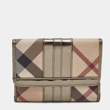 Pre Owned Burberry Metallic/Beige Nova Check PVC and Patent Leather French Wallet