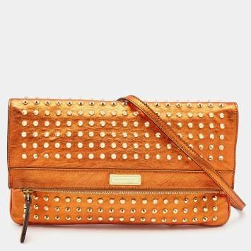 Pre Owned Burberry Metallic Orange Leather Foldover Zip Crossbody Bag
