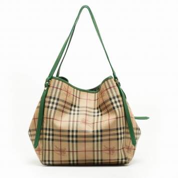 Pre Owned Burberry Beige/Green Haymarket Check PVC and Leather Large Canterbury Tote