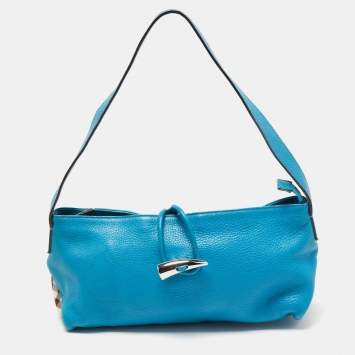 Pre Owned Burberry Blue Leather and House Check PVC Shark Tooth Flap Shoulder Bag