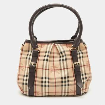 Pre Owned Burberry Dark Brown/Beige Haymarket Check Coated Canvas Small Northfield Tote