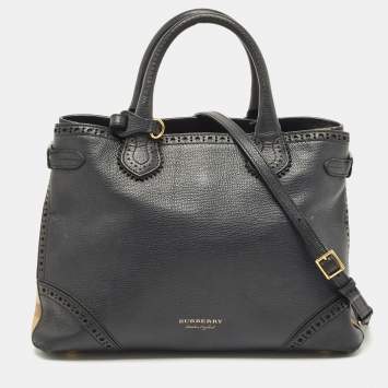 Pre Owned Burberry Black Leather and House Check Fabric Banner Tote