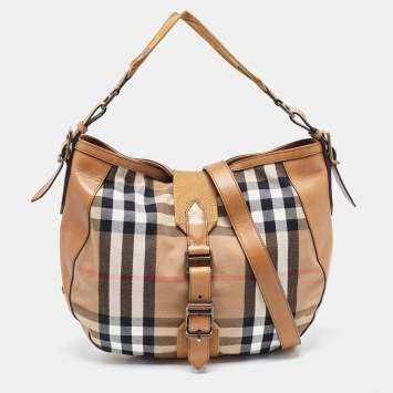 Pre Owned Burberry Tan/Beige House Check Canvas and Leather Hobo