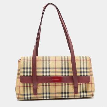 Pre Owned Burberry Beige/Burgundy Haymarket PVC and Leather Flap Tote