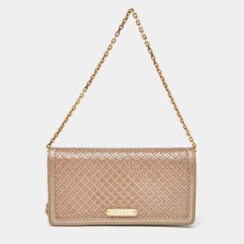 Pre Owned Burberry Gold Woven Leather Flap Chain Shoulder Bag