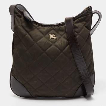 Pre Owned Burberry Dark Brown/Military Green Quilted Nylon and Leather Crossbody Bag