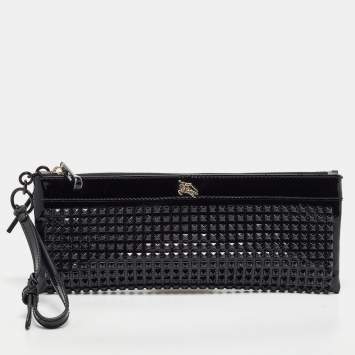 Pre Owned Burberry Black Patent Leather Hyde Studded Wristlet Clutch