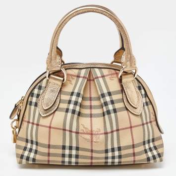 Pre Owned Burberry Gold/Beige Haymarket Check PVC and Leather Thornley Satchel