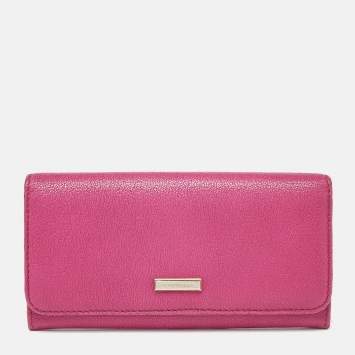 Pre Owned Burberry Pink Leather Flap Continental Wallet
