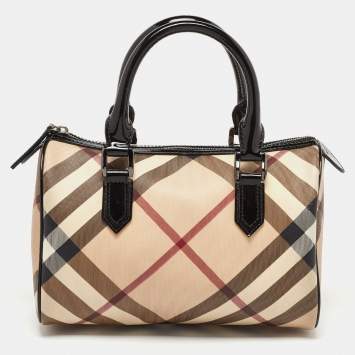 Pre Owned Burberry Beige/Black Nova Check PVC and Patent Leather Chester Boston Bag