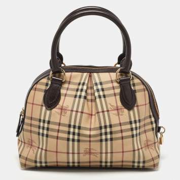 Pre Owned Burberry Beige/Brown Haymarket Check PVC and Leather Thornley Satchel