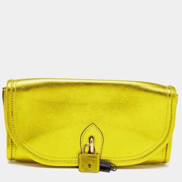Pre Owned Burberry Metallic Yellow Leather Mayfield Flap Clutch
