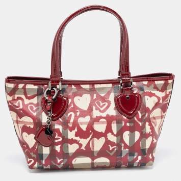 Pre Owned Burberry Burgundy Nova Heart Check Coated Canvas and Patent Leather Gracie Tote