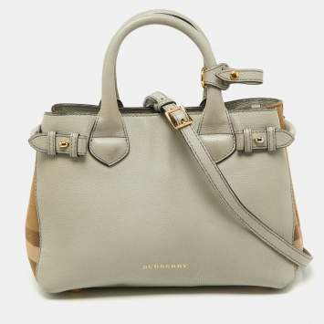 Pre Owned Burberry Grey/Beige Leather and House Check Fabric Small Banner Tote