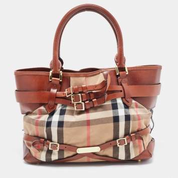 Pre Owned Burberry Brown House Check Fabric and Leather Medium Bridle Lynher Tote
