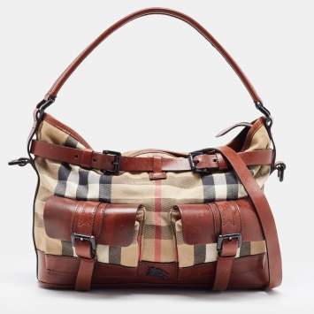Pre Owned Burberry Brown/Beige House Check Canvas and Leather Front Pocket Buckle Hobo 