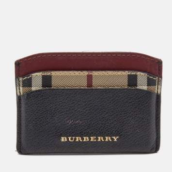 Pre Owned Burberry Burgundy/Black Leather and Check Canvas Izzy Card Holder