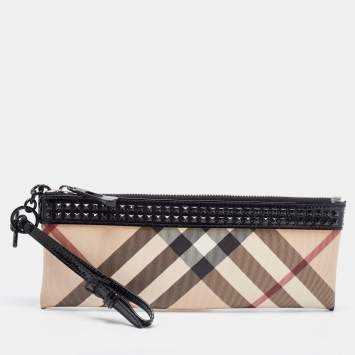 Pre Owned Burberry Beige/Black Nova Check PVC and Patent Leather Studded Wristlet Clutch