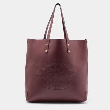 Pre Owned Burberry Burgundy Leather Large Embossed Crest Tote