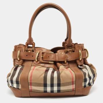 Pre Owned Burberry Brown/Beige House Check and Leather Beaton Bag